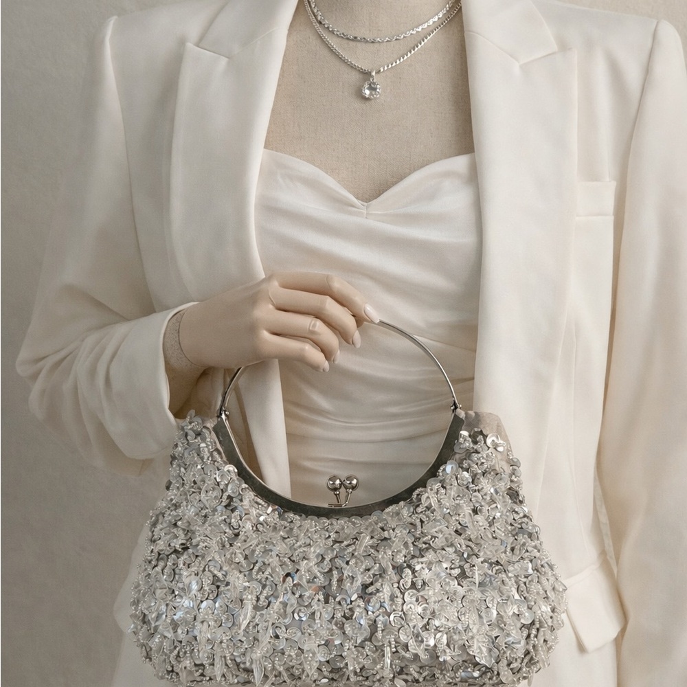 Silver Sequin Evening Top-Handle Bag